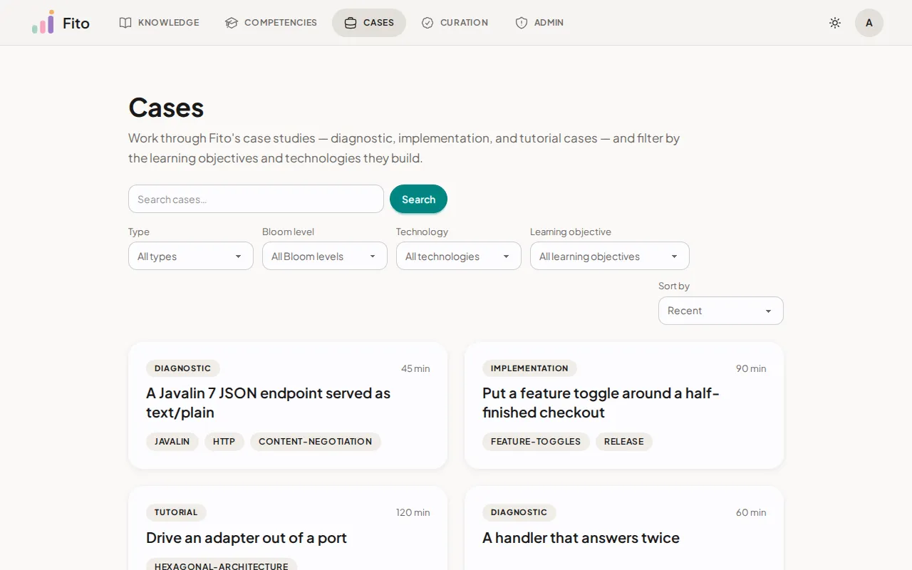 The case catalogue, with the search box, the four filters, the sort control and the first case cards