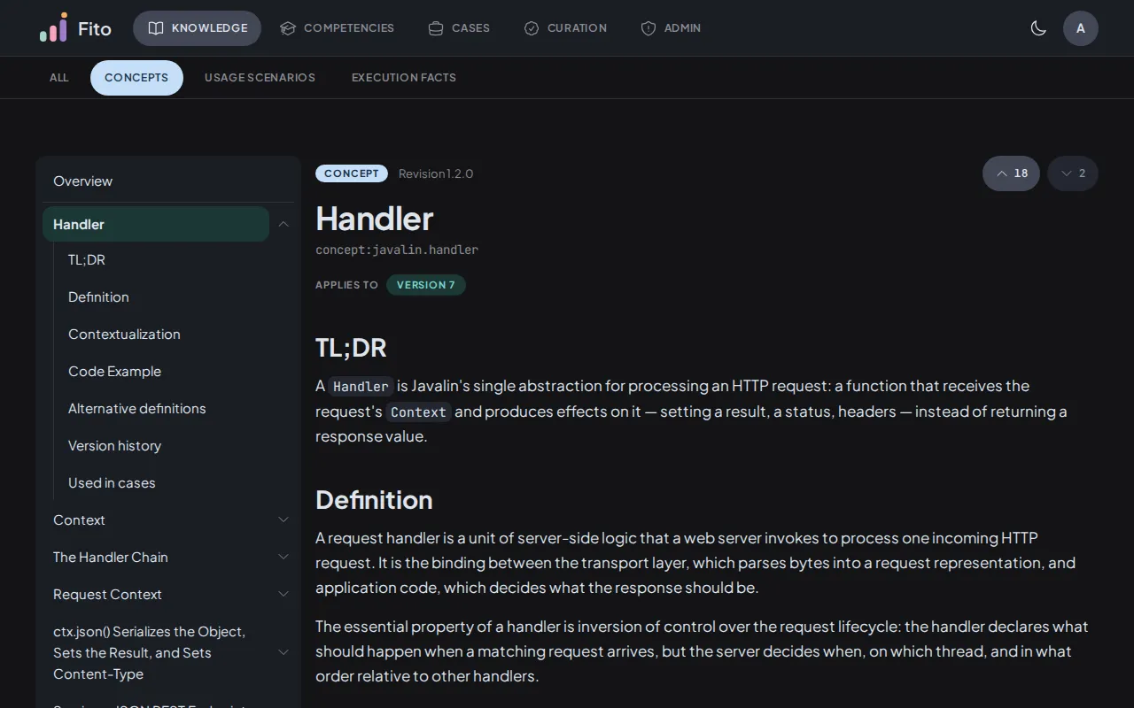 A component page, with the type badge and revision above the name, the reference id below it, the sidebar outline on the left, and the three closed panels under the content