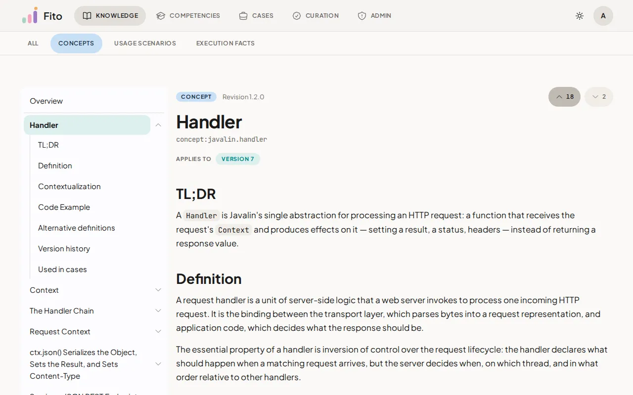 A component page, with the type badge and revision above the name, the reference id below it, the sidebar outline on the left, and the three closed panels under the content